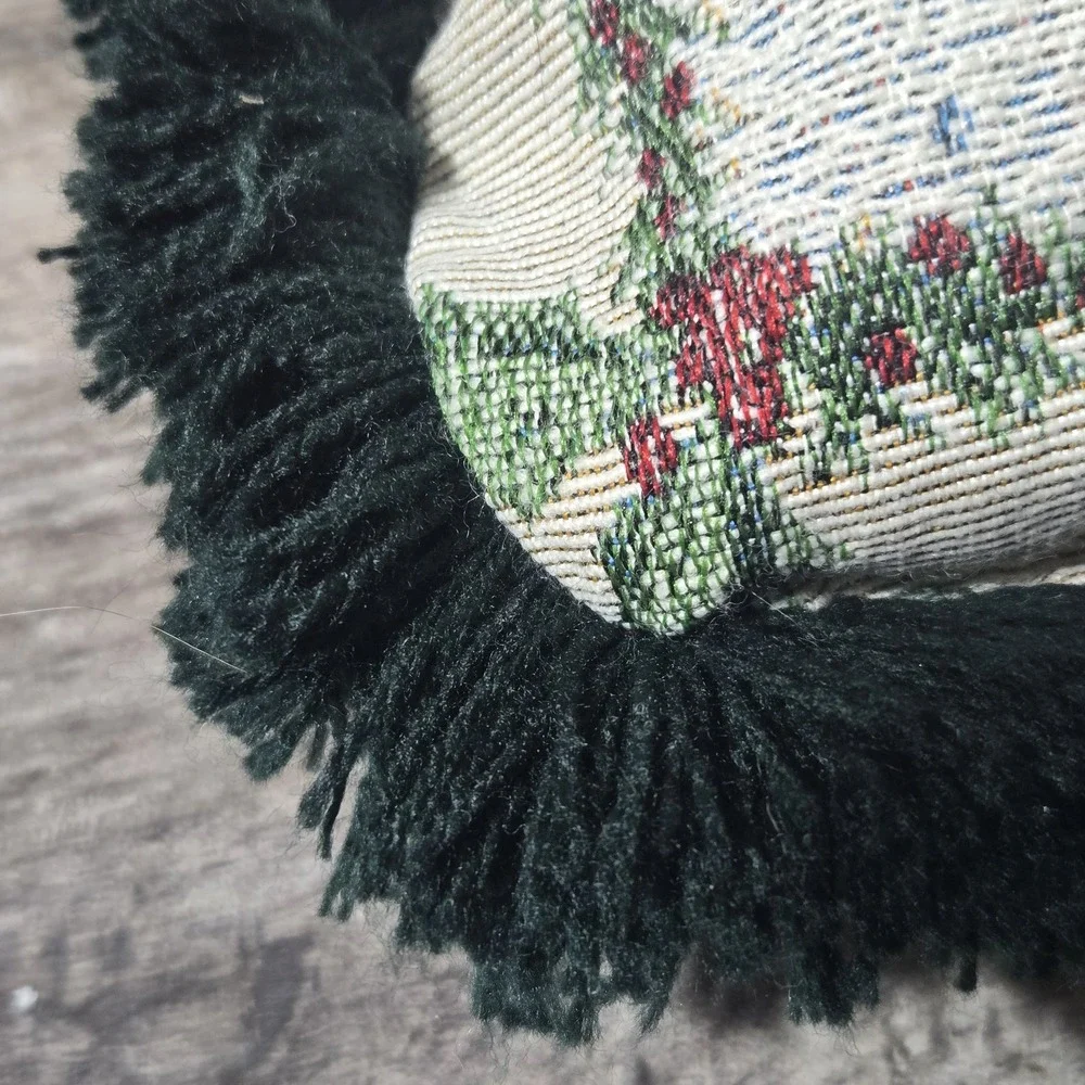 Vintage Christmas Cardinal Birdhouse Tapestry Throw Pillow Fringe Cottagecore